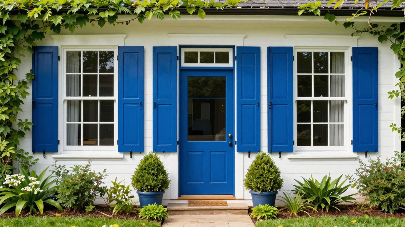 House with blue shutters and green landscaping.