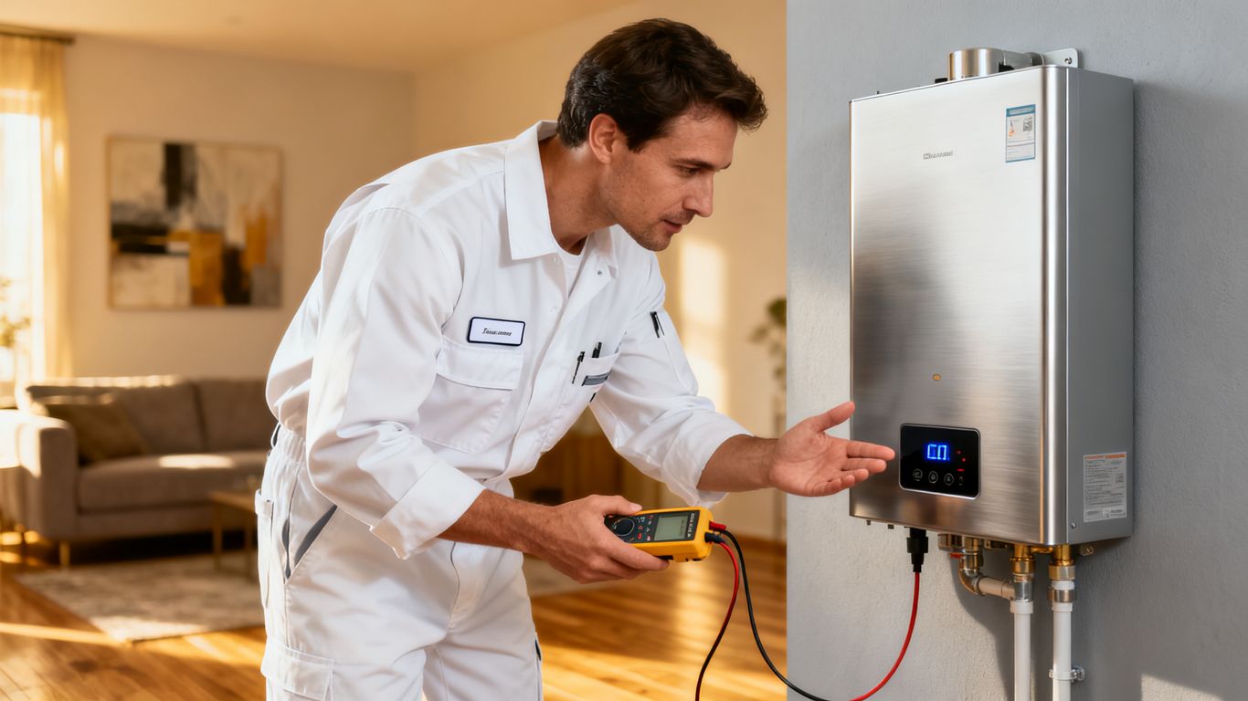 A professional plumber inspects a modern tankless water heater
