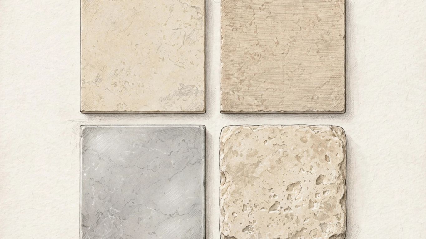 Limestone tile samples in varied finishes