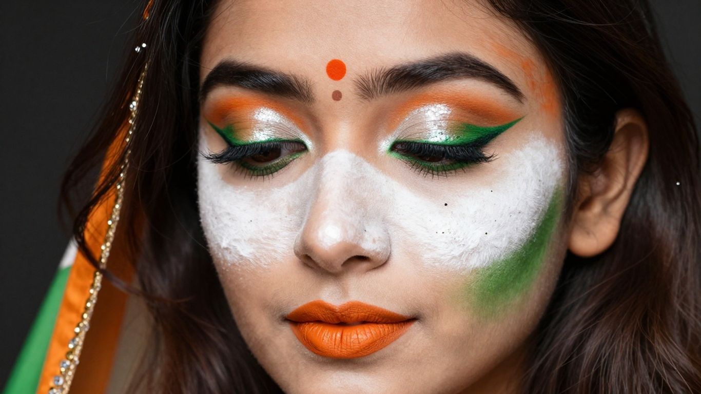 Woman with Indian flag-inspired Republic Day makeup.