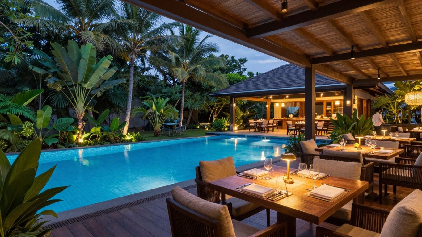 Upscale dining area with tropical view