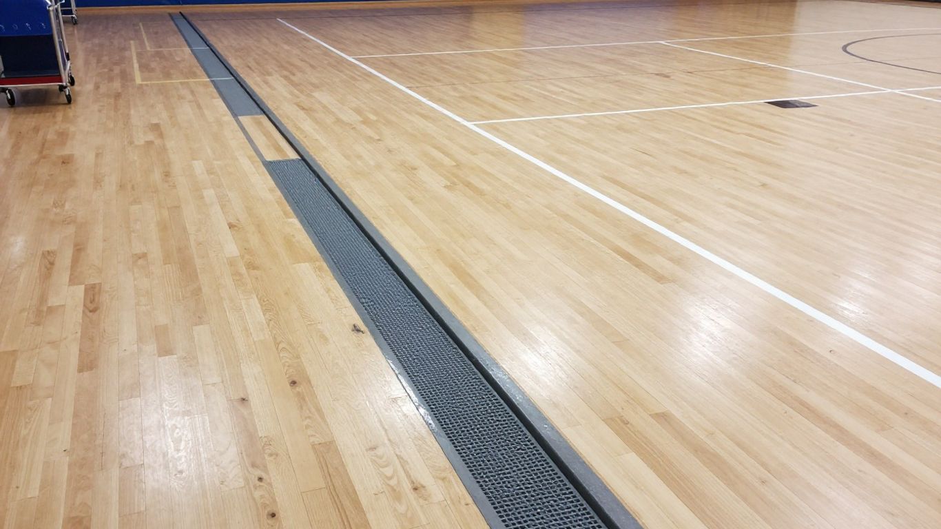 Worn sports court beside clean playing surface