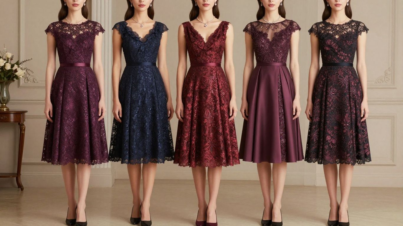 Women in elegant A-line cocktail dresses posing indoors