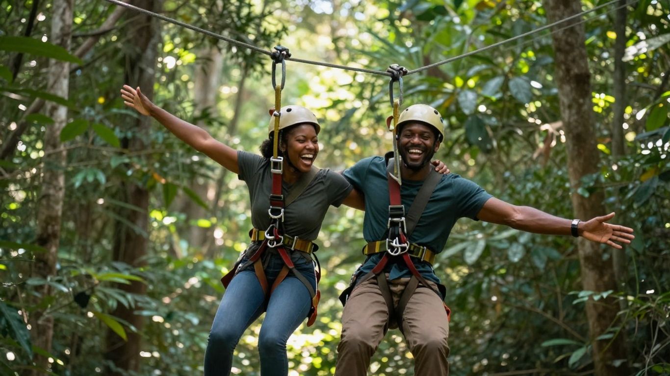 Couple zip-lining through a forest, enjoying an adventure.