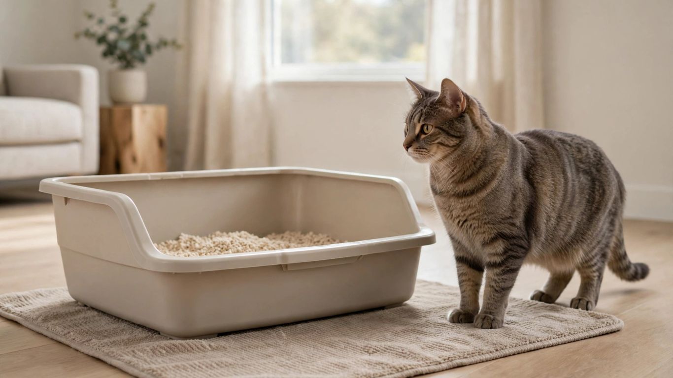 A cat checking a spacious open litter box