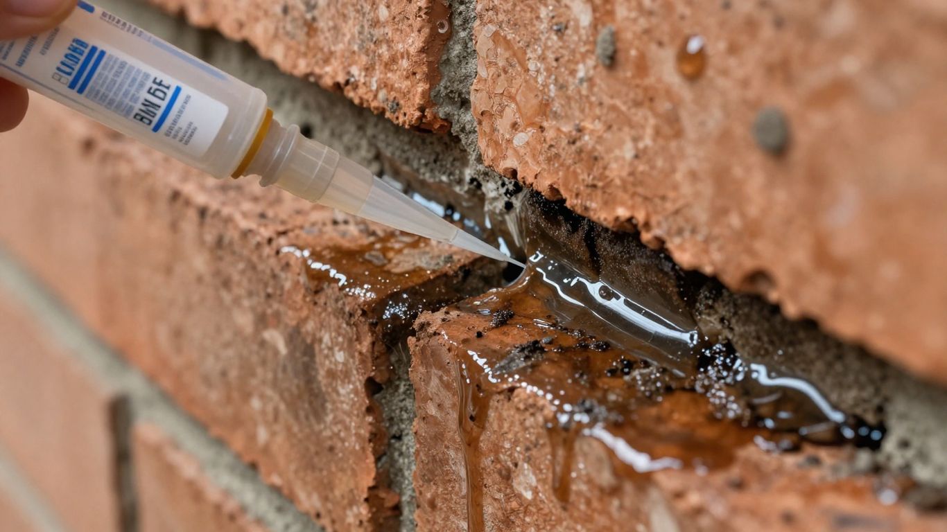 Waterproofing injection into a brick wall.