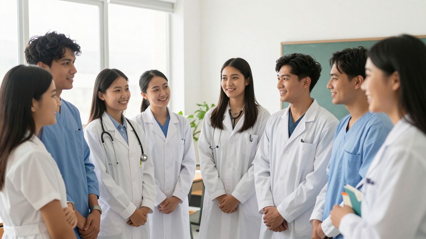 Students in medical attire collaborating in a bright classroom.