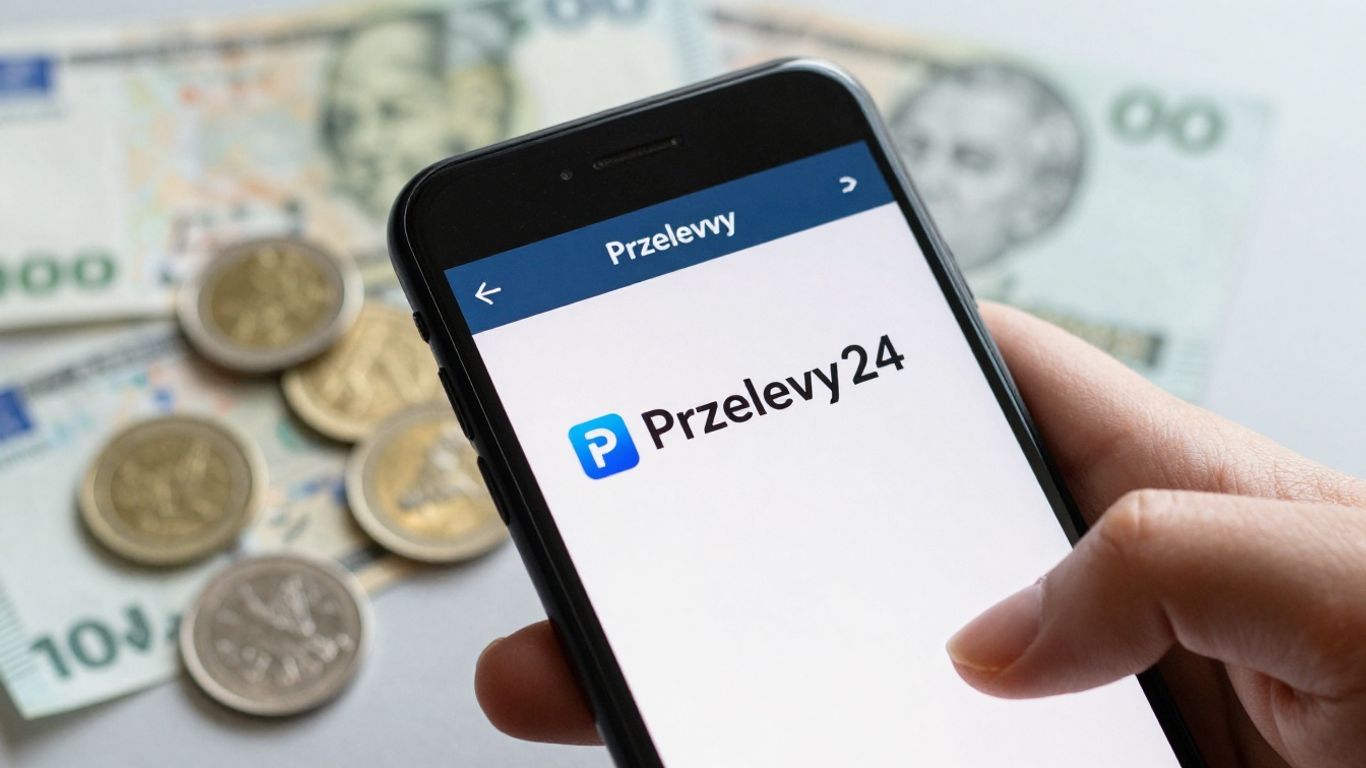 Logo Przelewy24 na ekranie smartfona z monetami w tle.