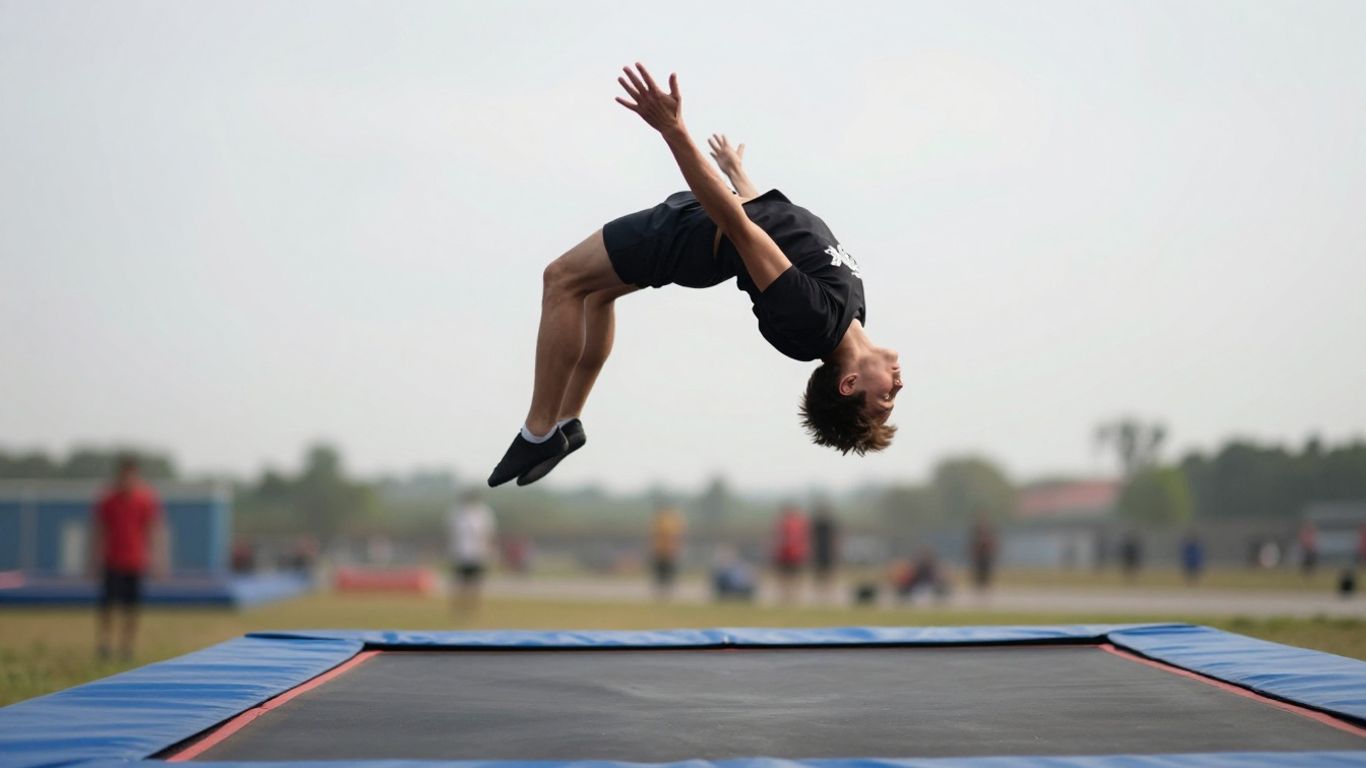 Person performing a backflip on a trampoline.