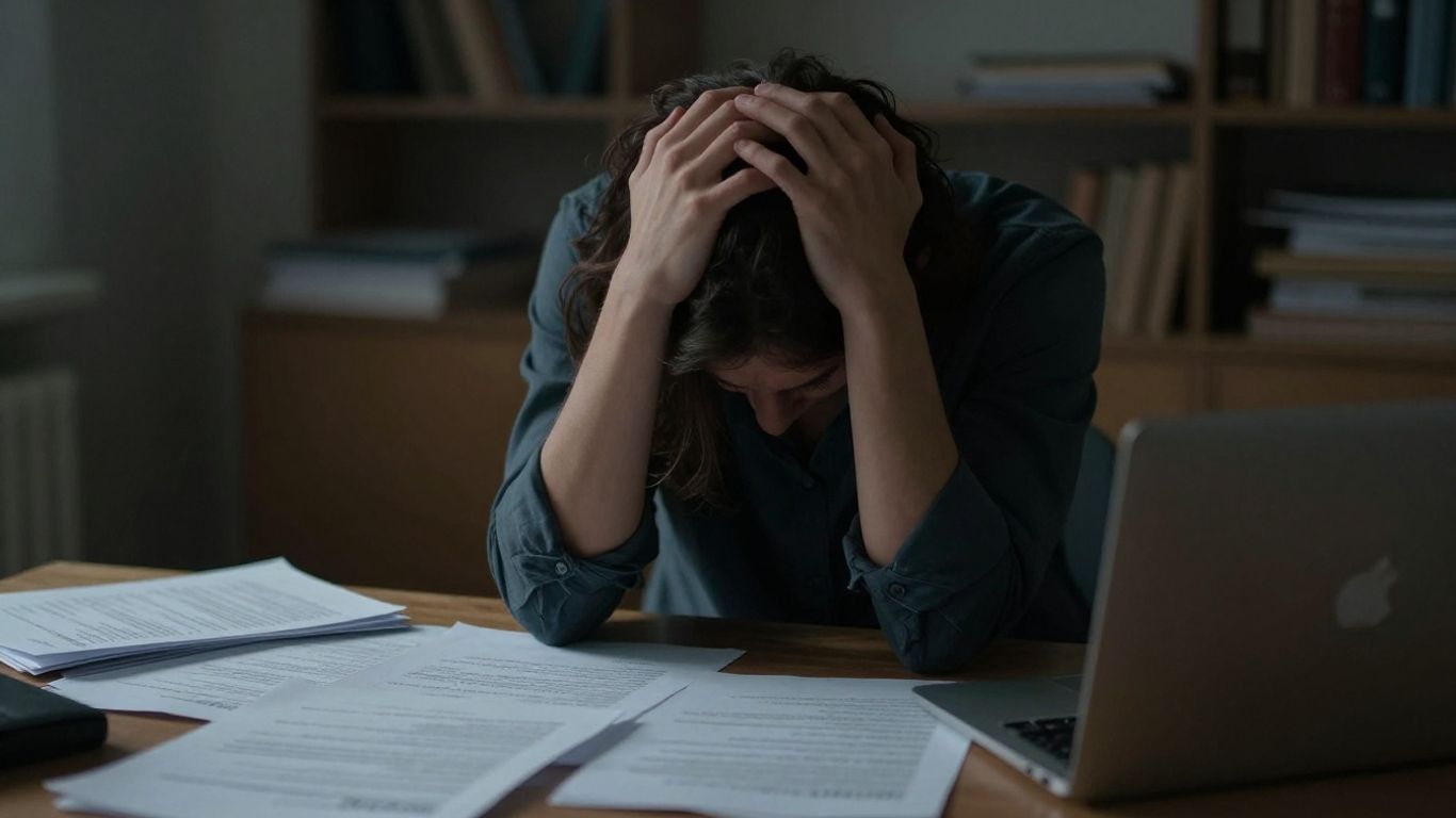 Person overwhelmed at desk, mental health burnout.