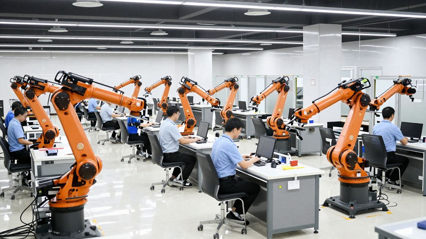 Workers and robots in a high-tech distribution center.