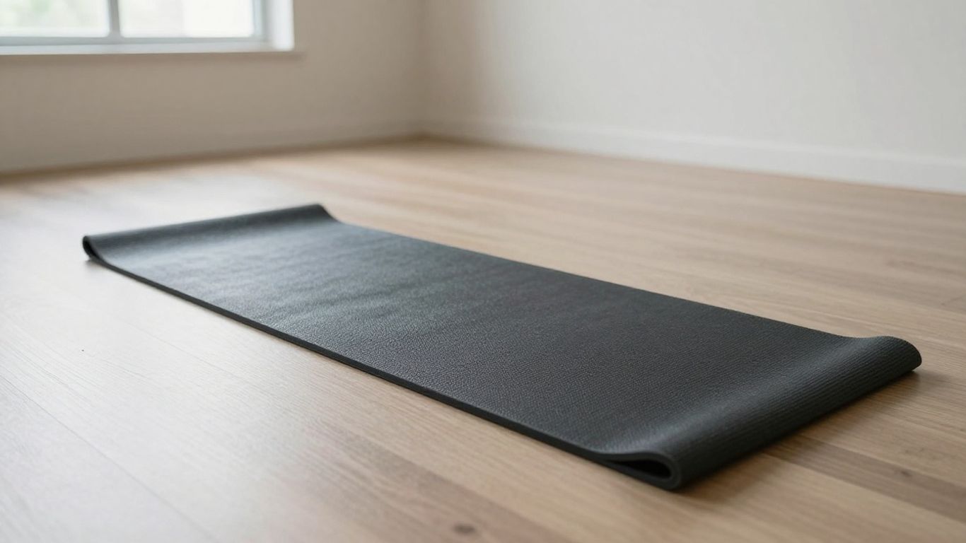 A yoga mat laid flat in a sunlit practice space