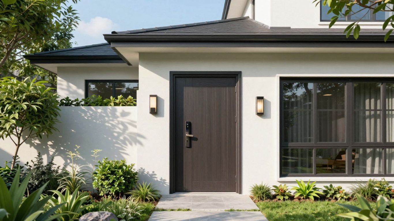 Casa moderna con cerradura segura y jardín verde.