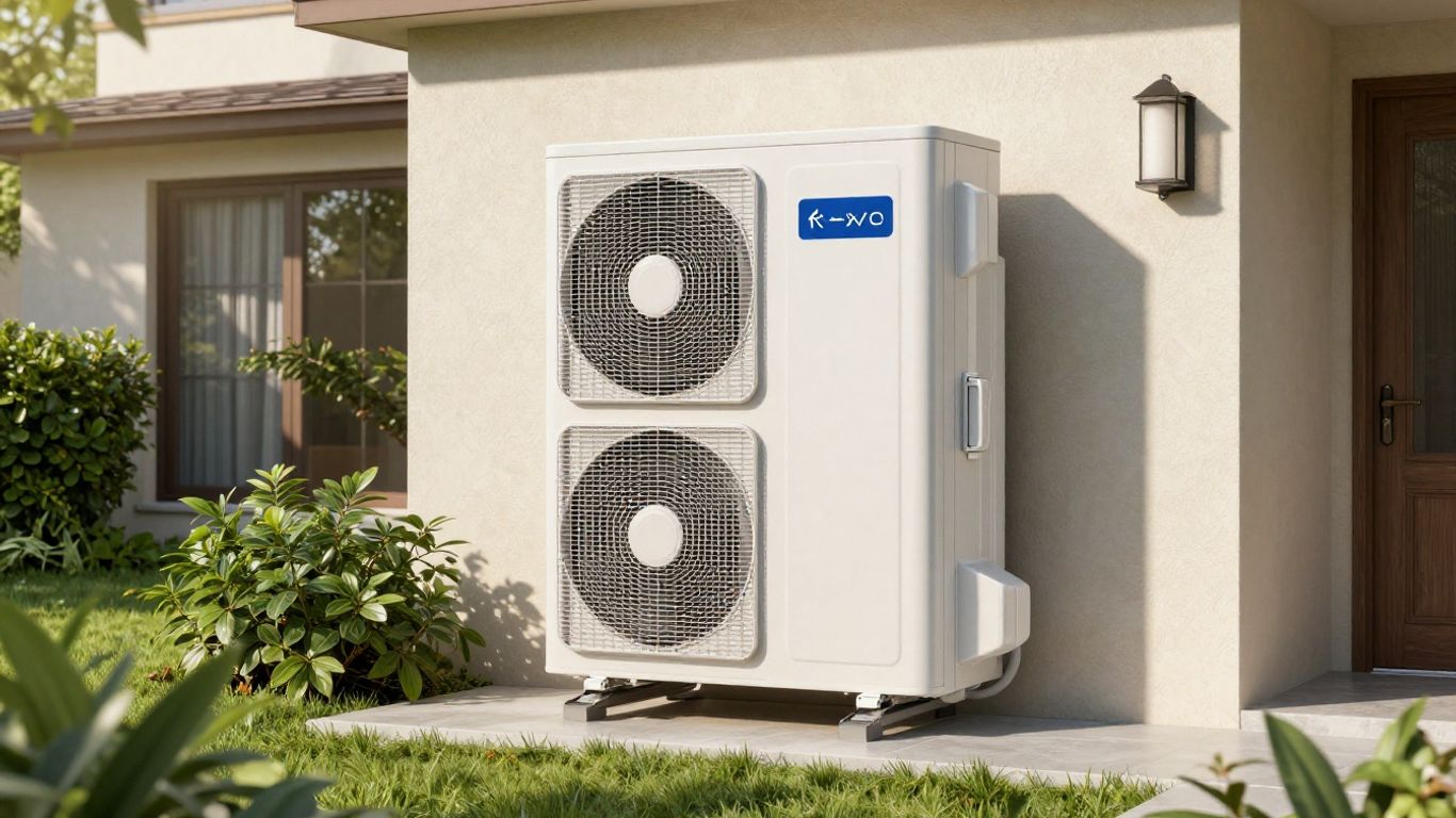 Modern heat pump on a house exterior.