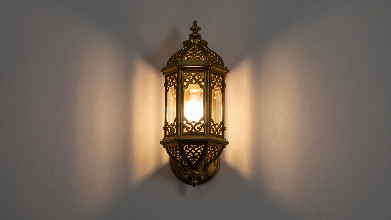 Arabian brass exterior wall light with intricate metalwork.