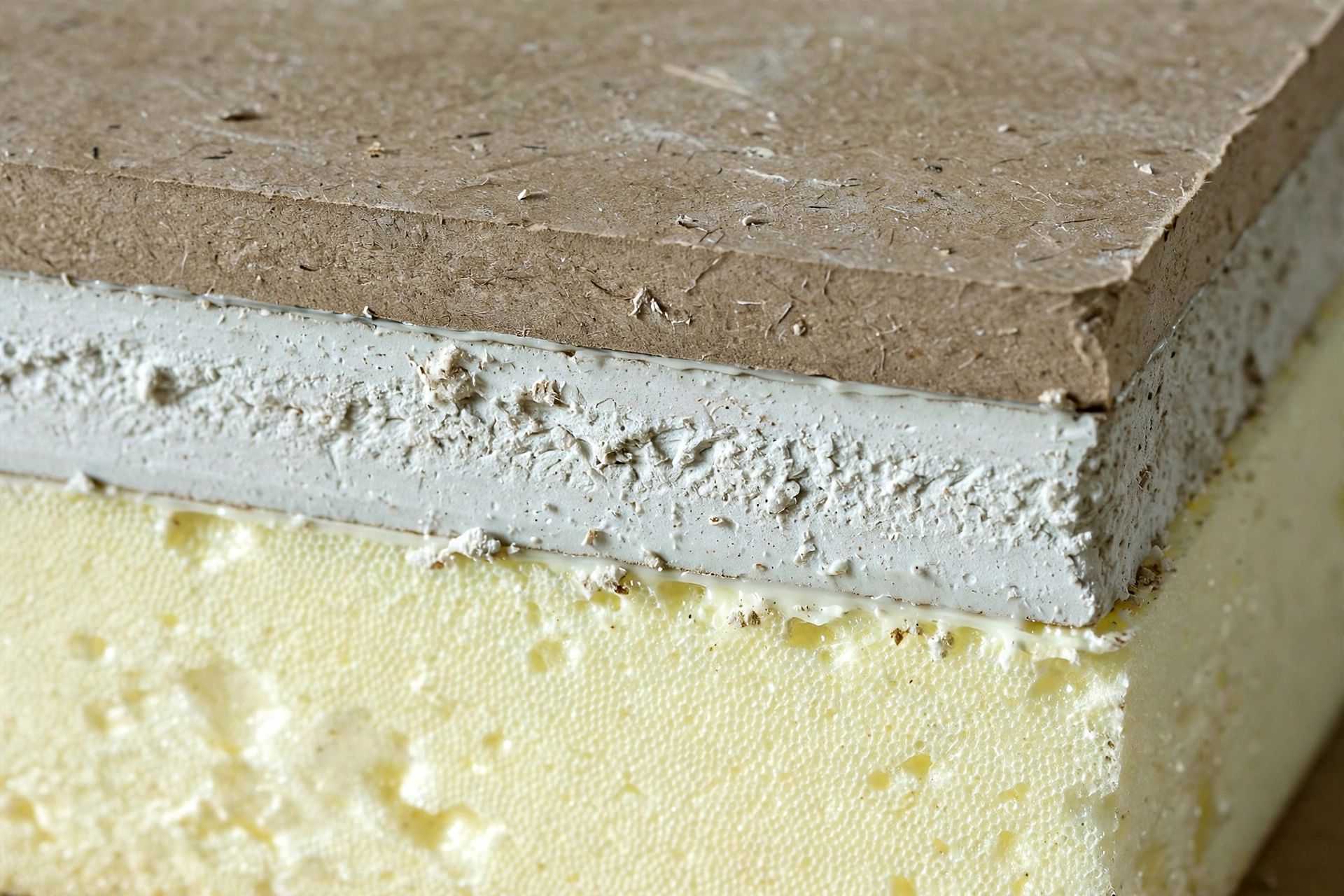 Close-up of insulated plasterboard showing the pale insulation layer bonded to the plasterboard facing