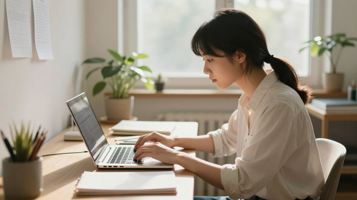 Person calmly working on laptop in a sunlit, serene workspace.