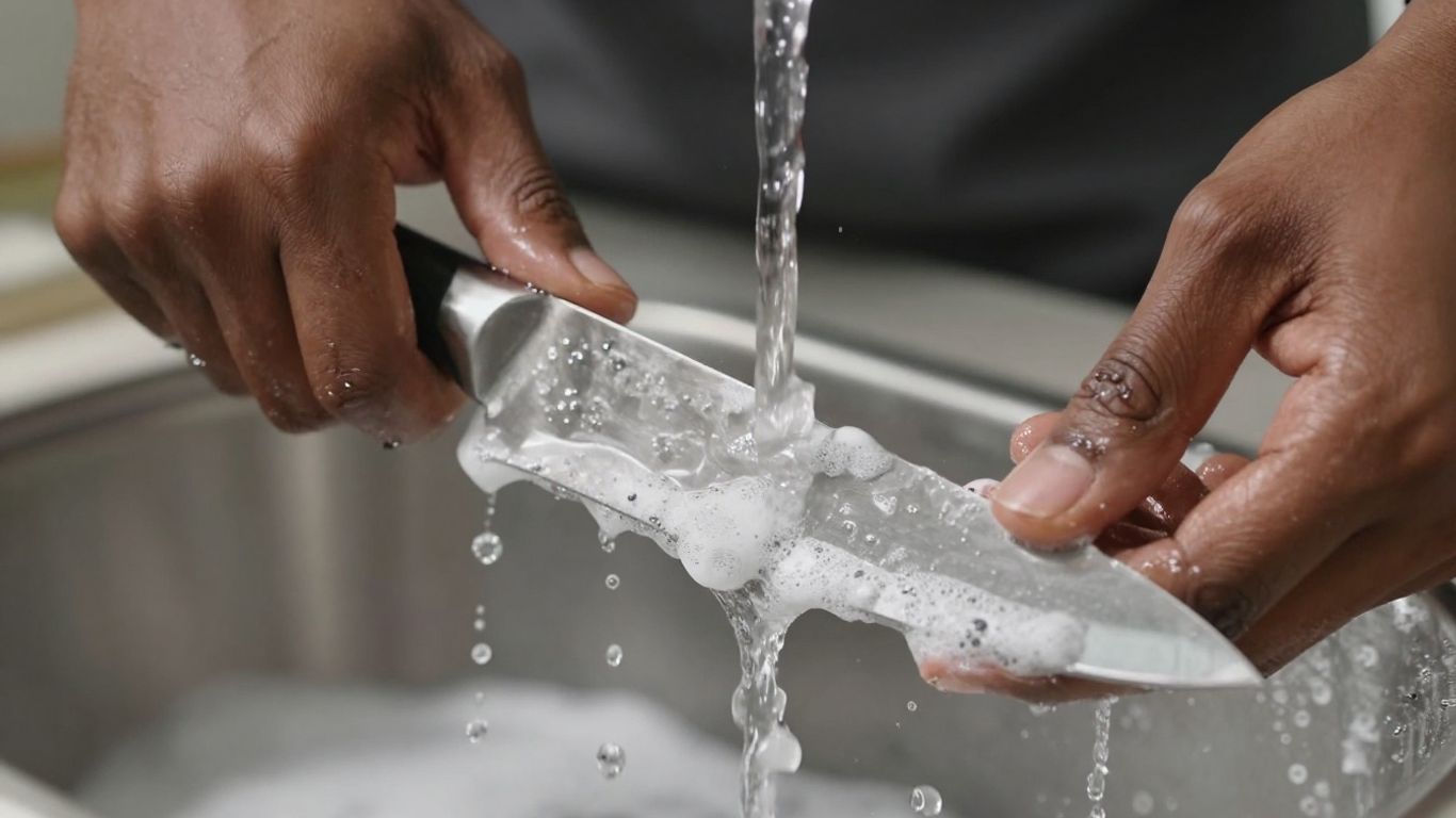 Hands washing a chef's knife with soap and water.