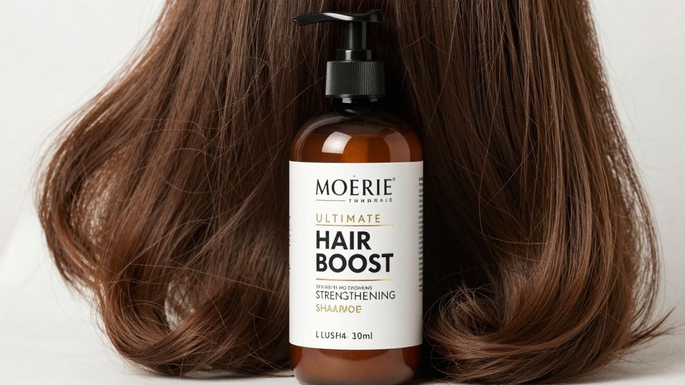 Moerie Ultimate Hair Boost Shampoo bottle with healthy hair strands