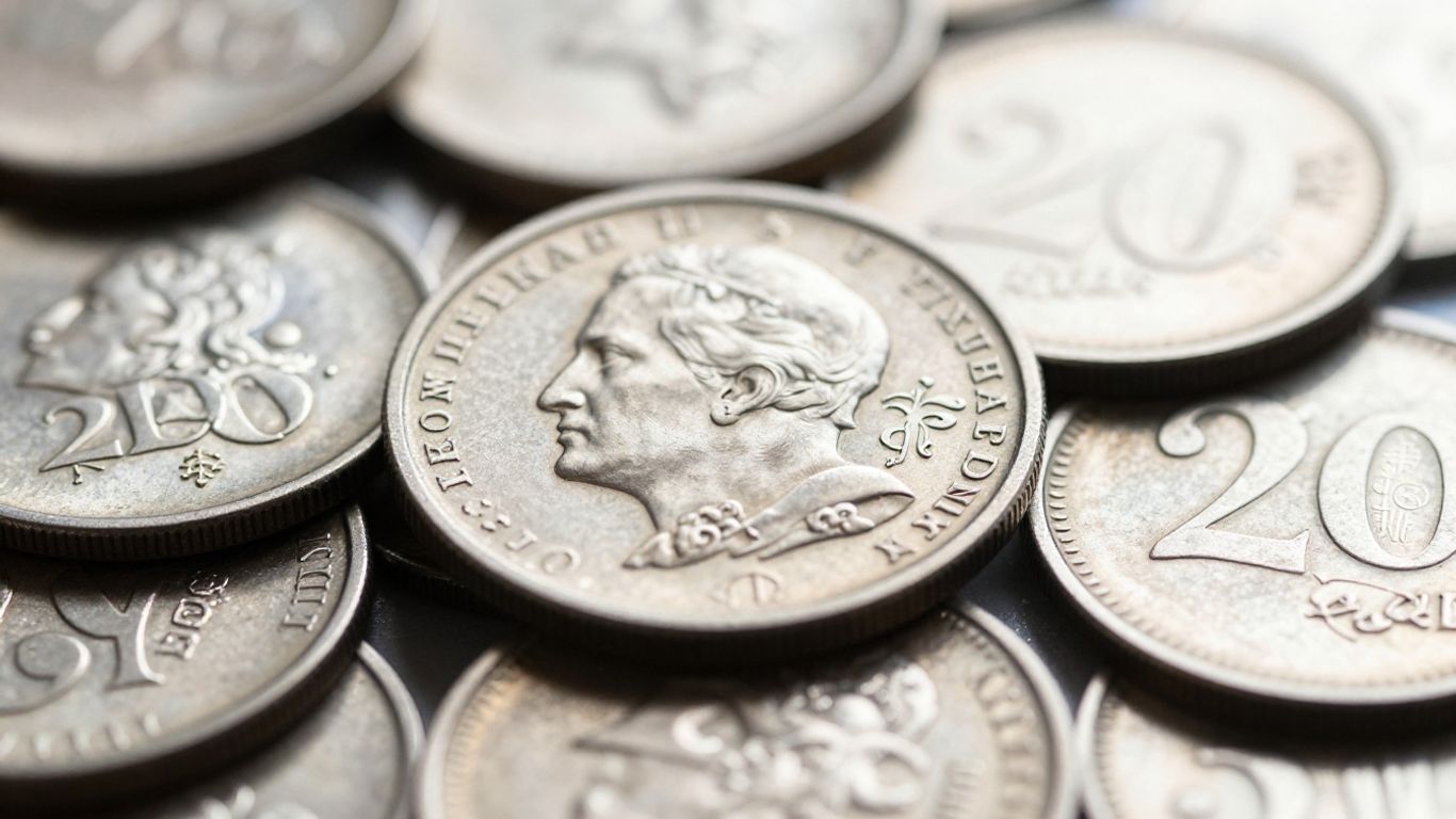 Close-up of valuable twenty-cent silver coins.