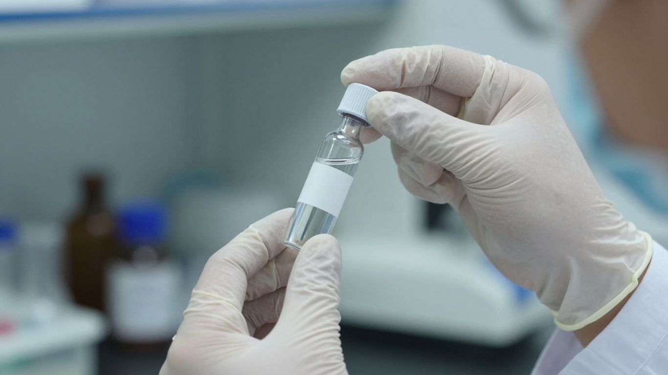 Scientist holds peptide vial in laboratory setting