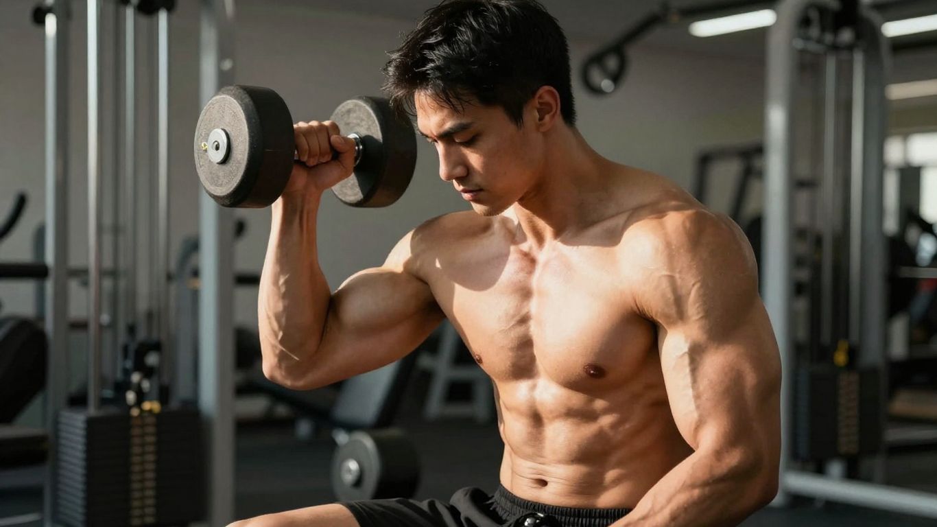 Homem musculoso treinando com halteres na academia.