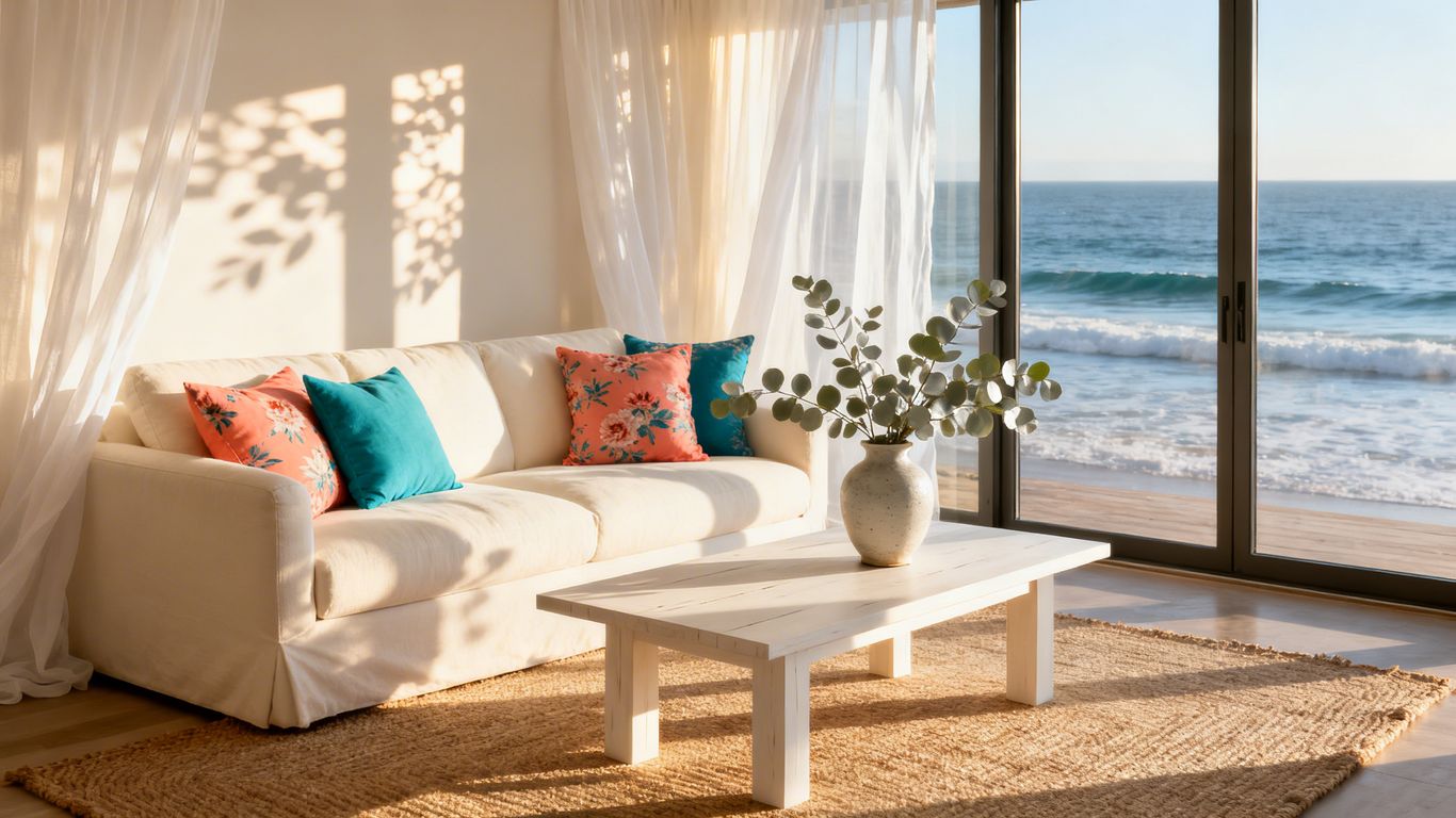 Bright Encinitas living room with floral cushions and eucalyptus.