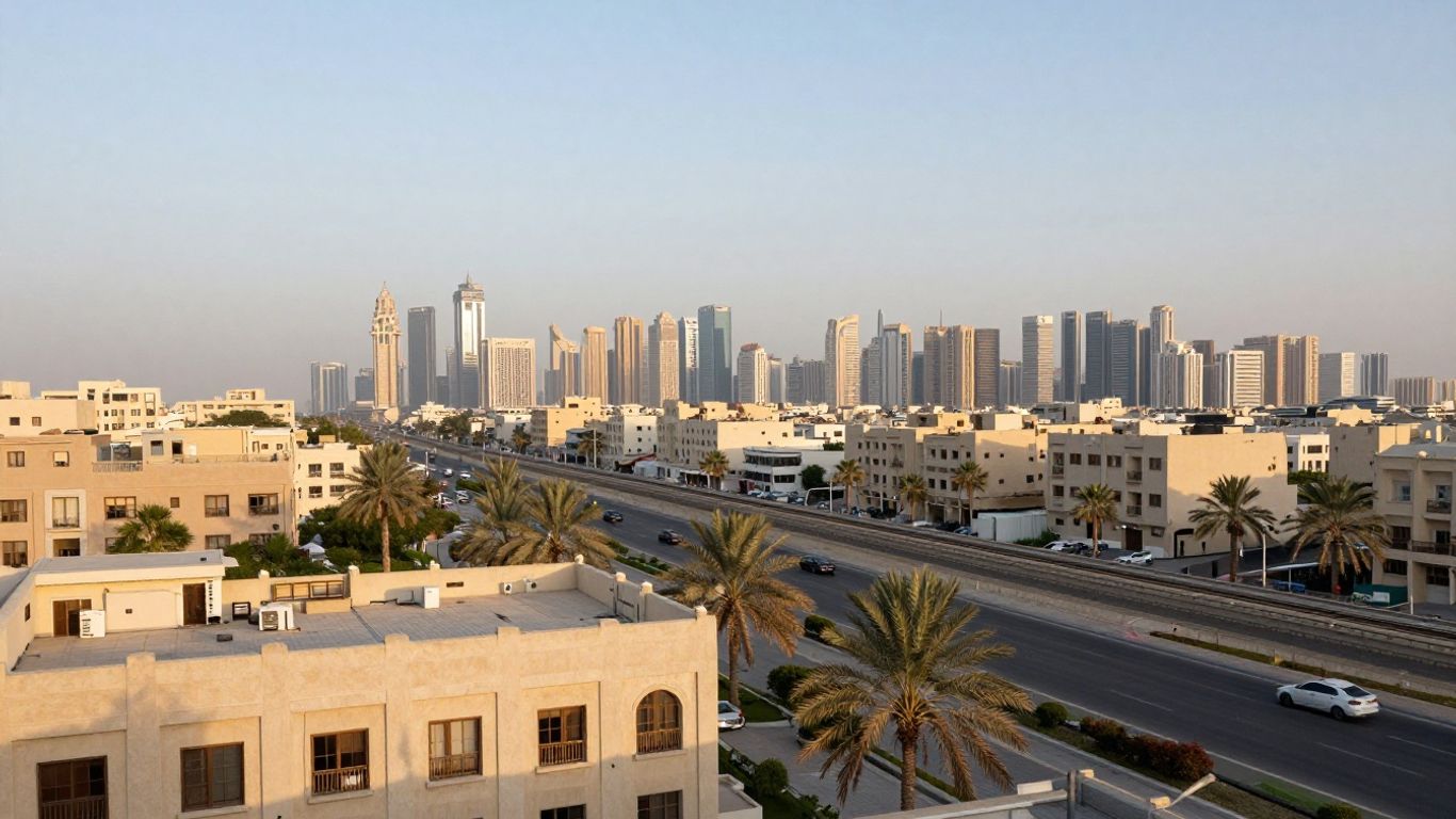 Vue urbaine et quartiers de Dubaï au coucher du soleil