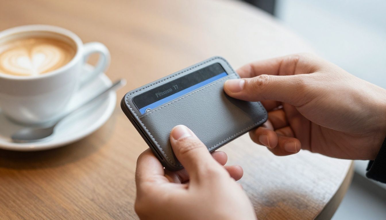 Someone at a cafe paying for coffee using a card from their iPhone 17e wallet case, simplifying their daily carry.