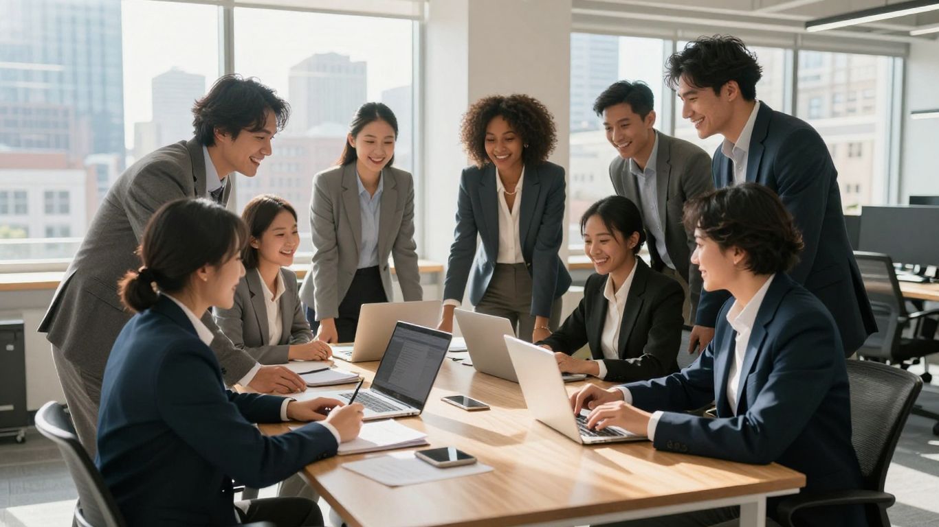 Chicago professionals in a modern office, city skyline view.
