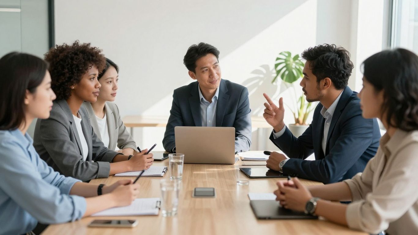 Team collaborating in a bright, modern office setting.