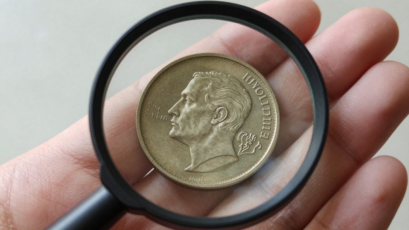Close-up of coin grading with magnifying glass.