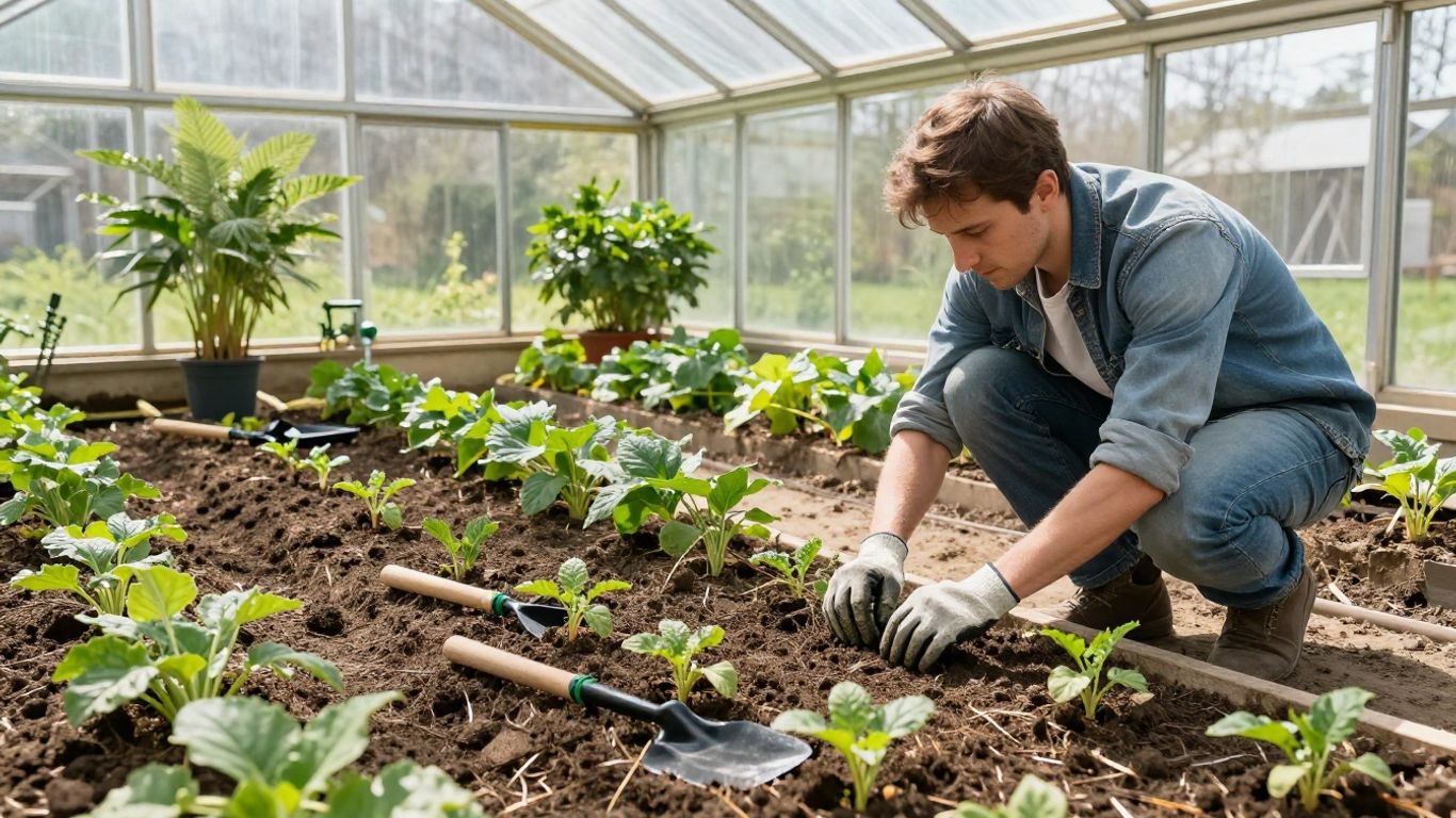 Sauberes Gewächshaus mit Gärtner beim Pflanzenschutz im Frühling.