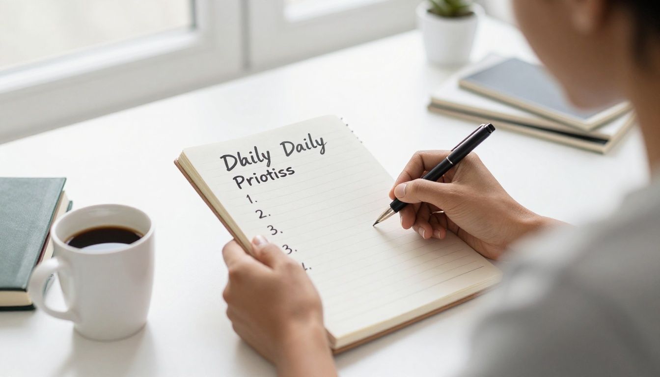A diverse entrepreneur calmly planning a short daily priority list at a bright desk, with a notebook, coffee, and uncluttered workspace, conveying focus and intentional action