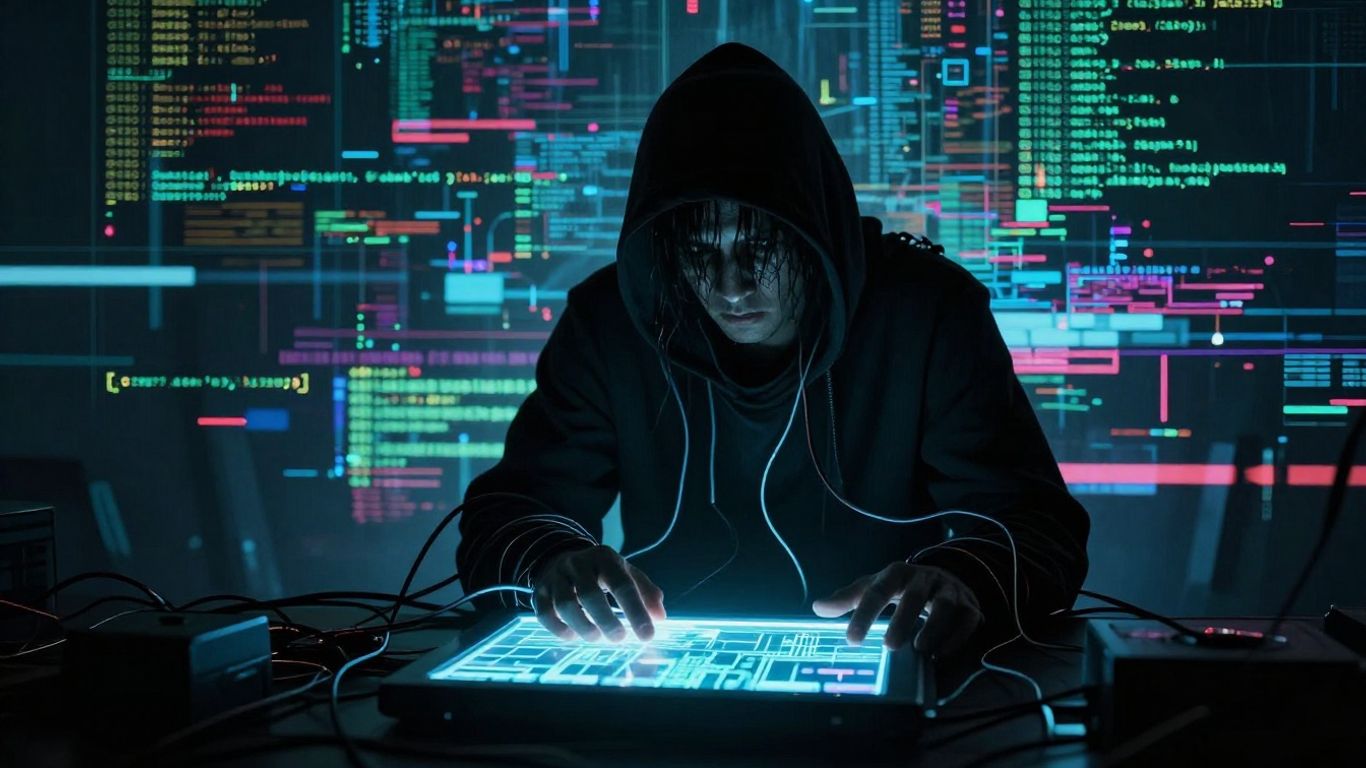 Distorted digital screen with tangled wires and shadowy figure.