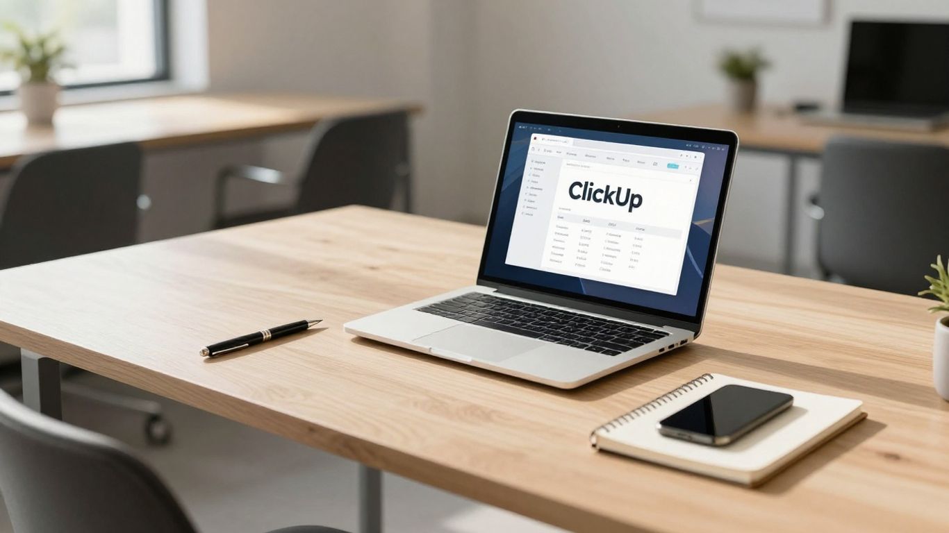 클릭업 인터페이스를 보여주는 노트북이 있는 사무실