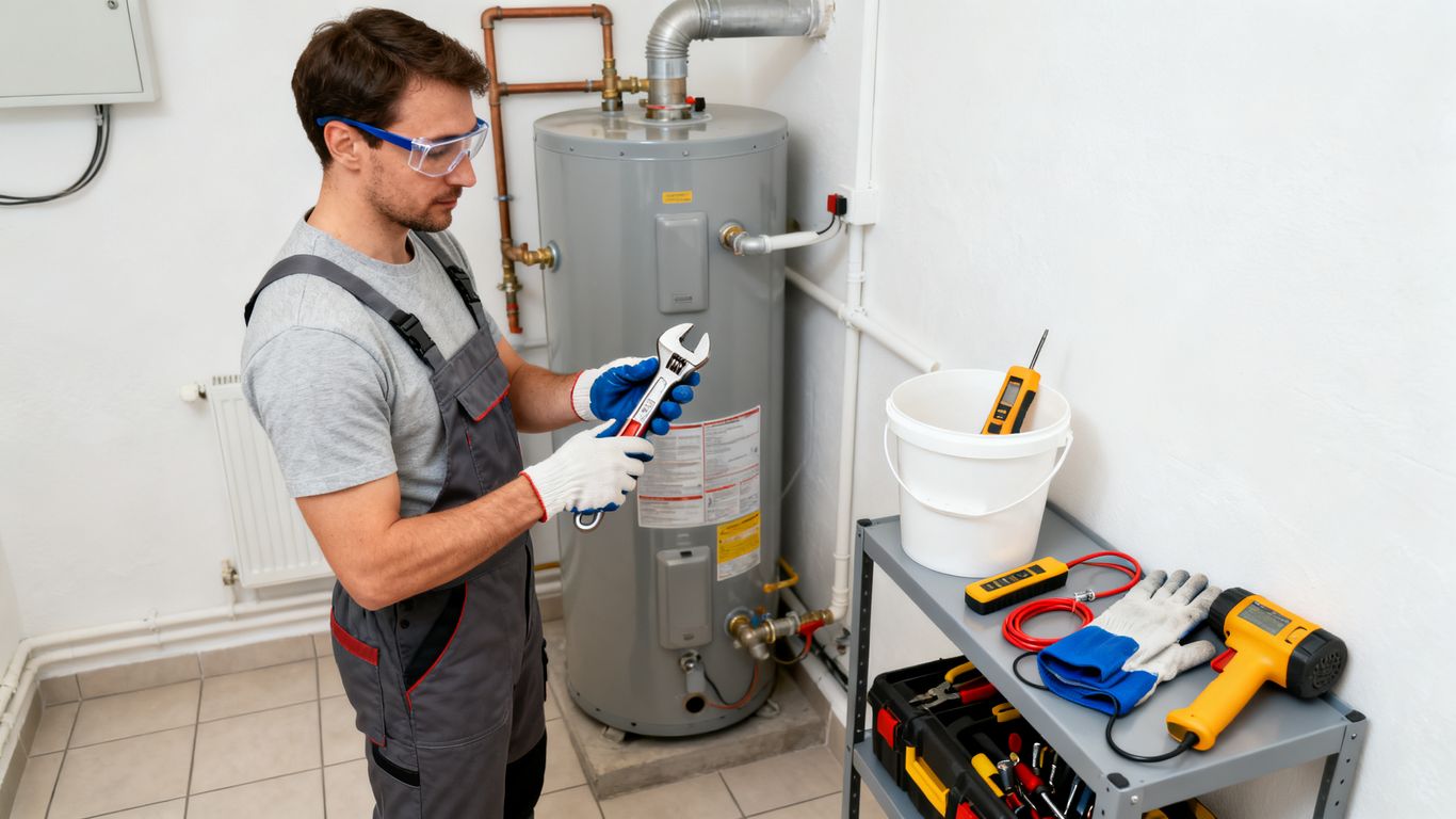 Technician preparing protective equipment near heater