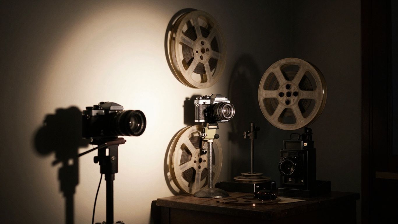 Vintage cameras and film reels in a dark, atmospheric room.