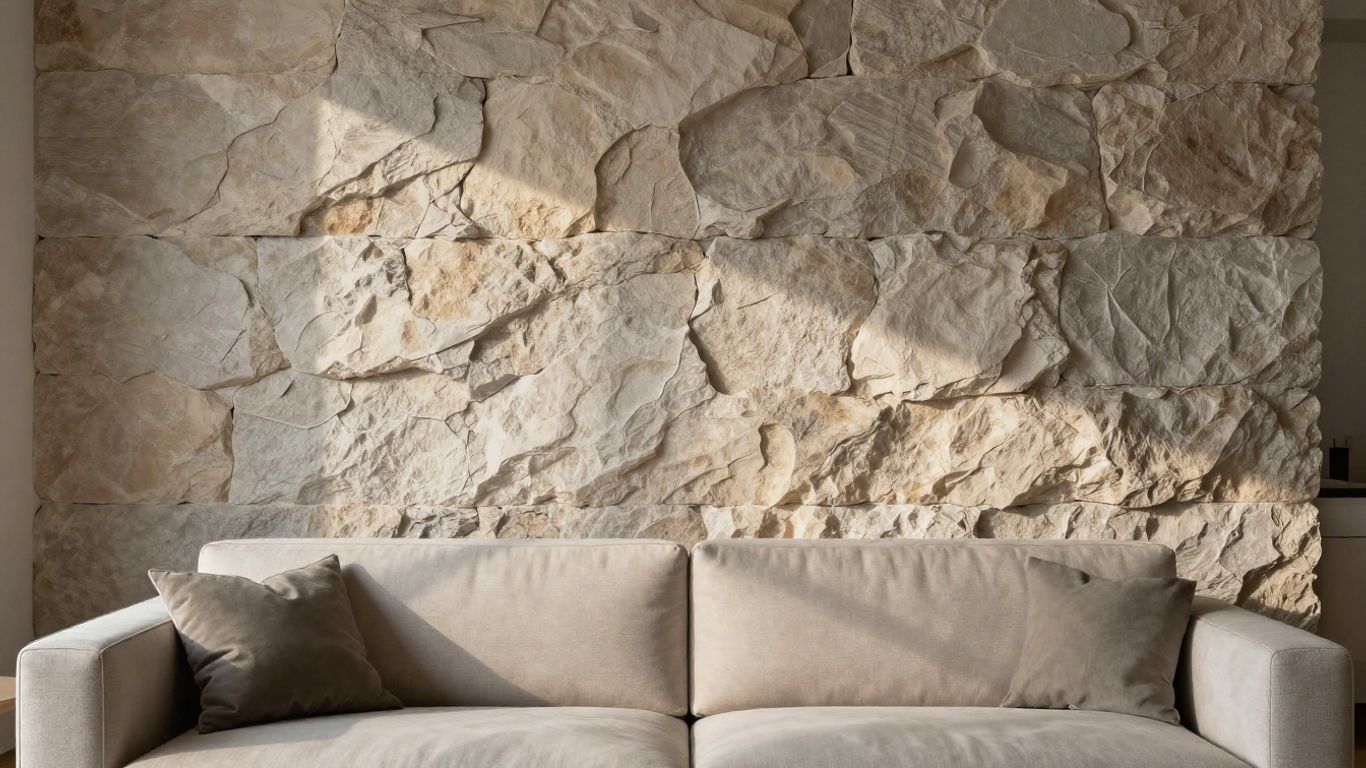 Stone wall panels in a modern living room.