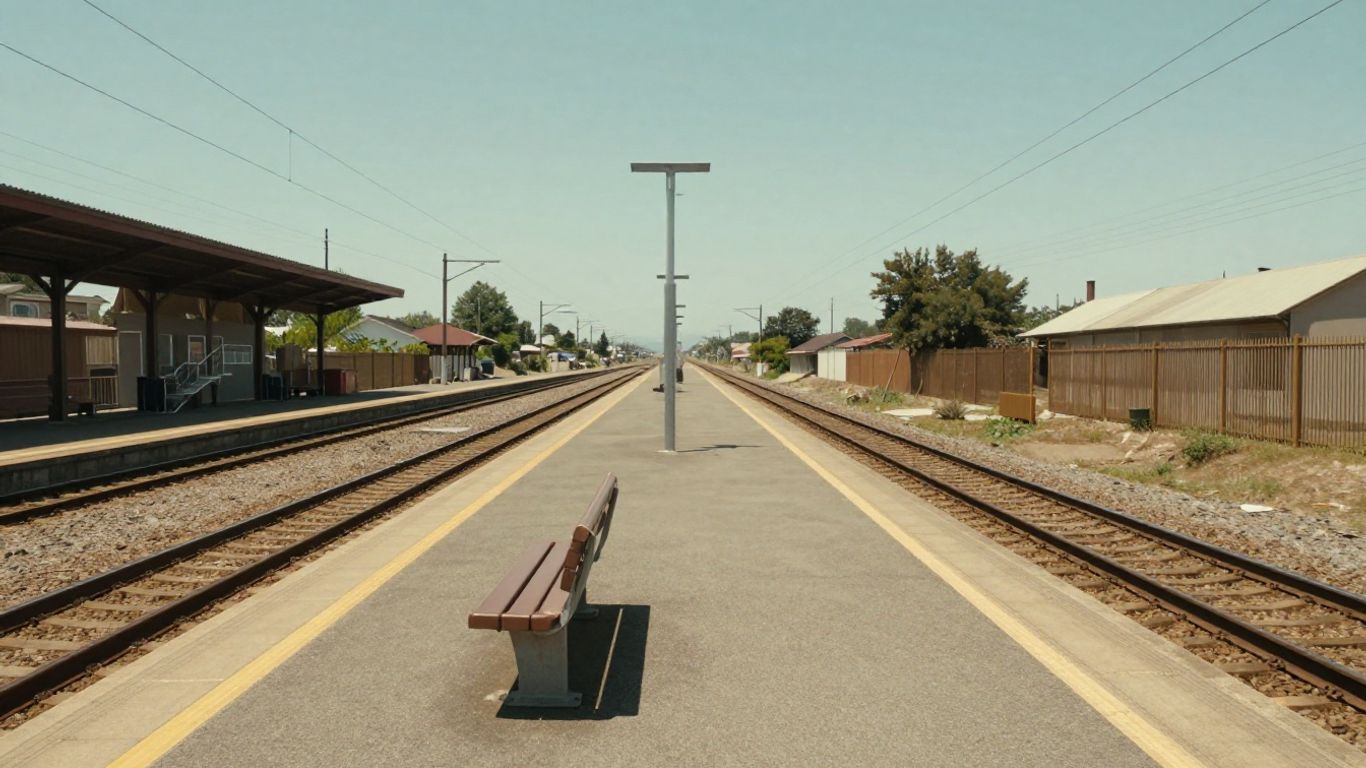 Gare désertée sous un soleil de plomb.