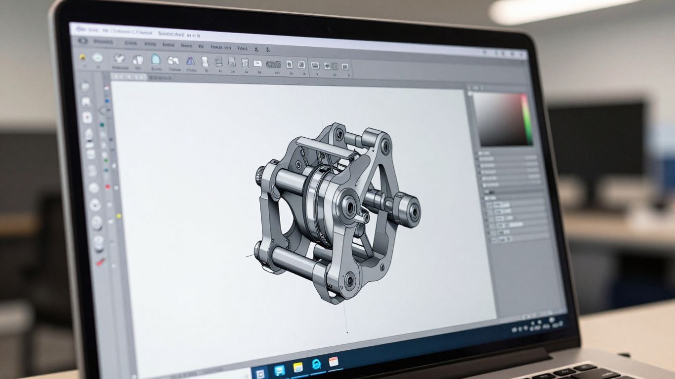 SolidWorks software interface with 3D mechanical designs.