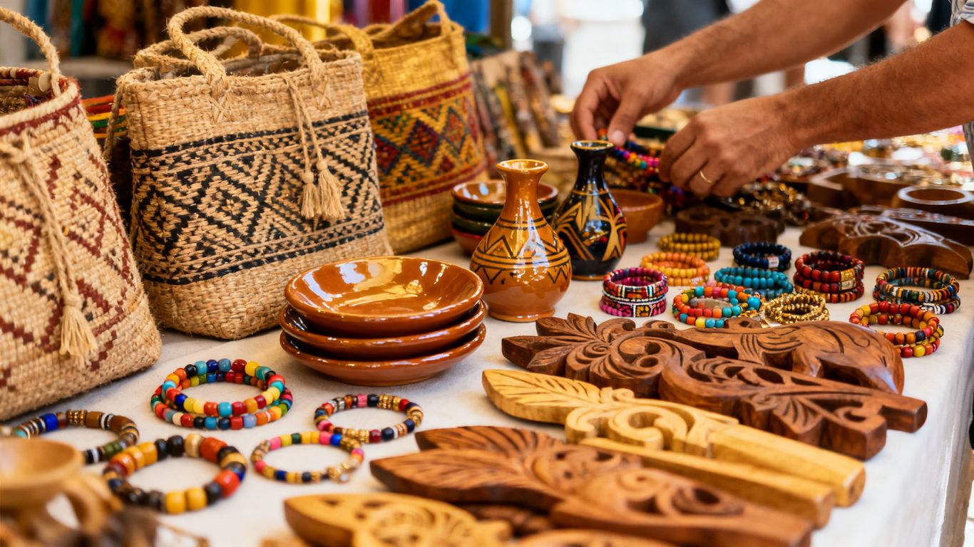 Traveler comparing handmade Colombian souvenirs at market stalls