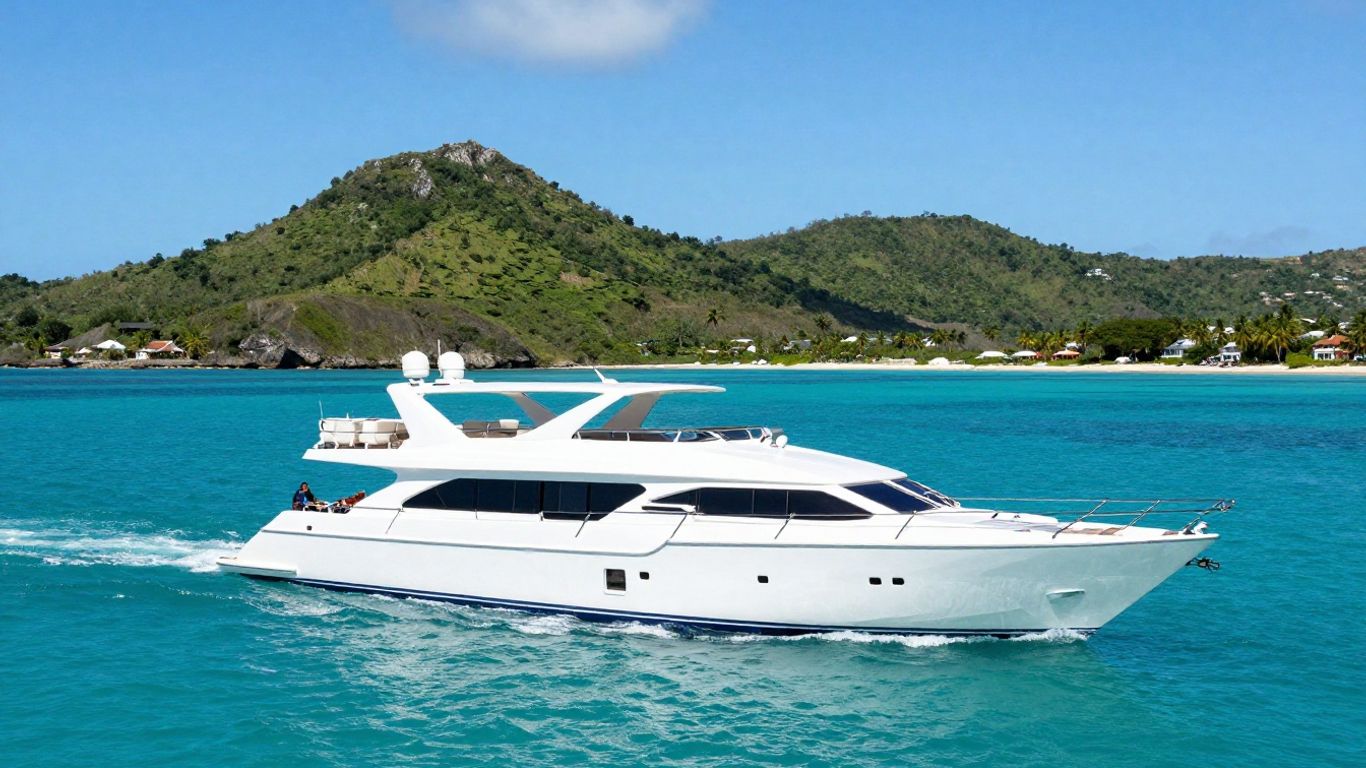 Luxurious yacht sailing in Antigua's clear blue waters.