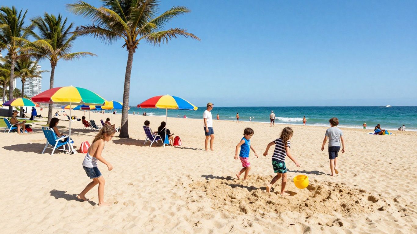 Families relaxing on Gold Coast beach during holiday.