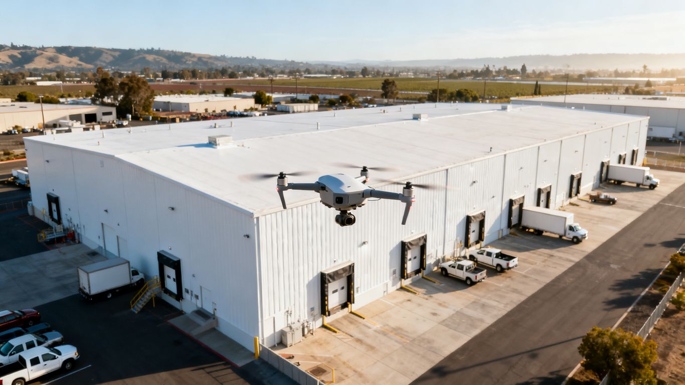 Drone viewing a Salinas cold storage facility