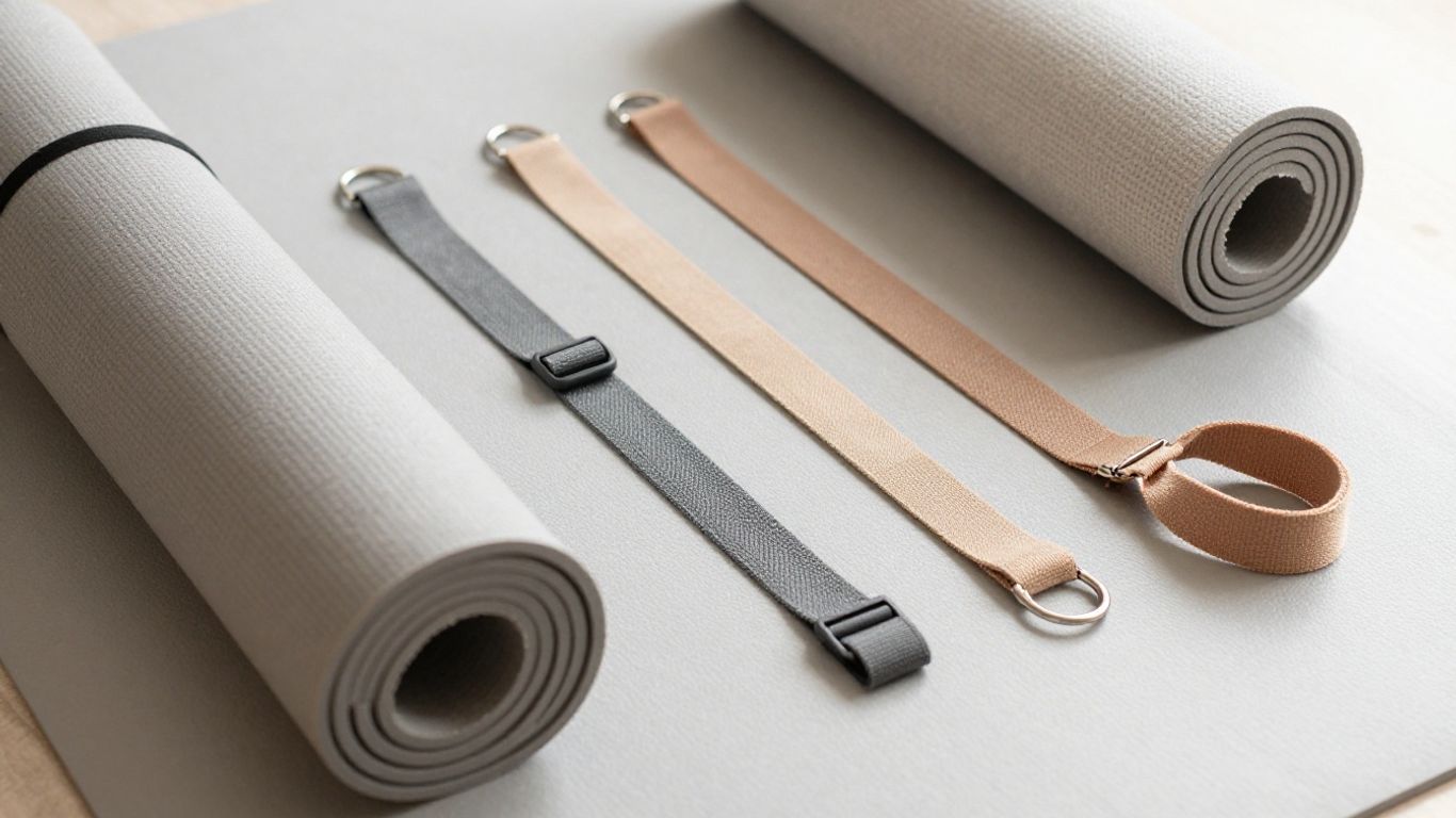 Hands choosing a cotton yoga strap beside a mat