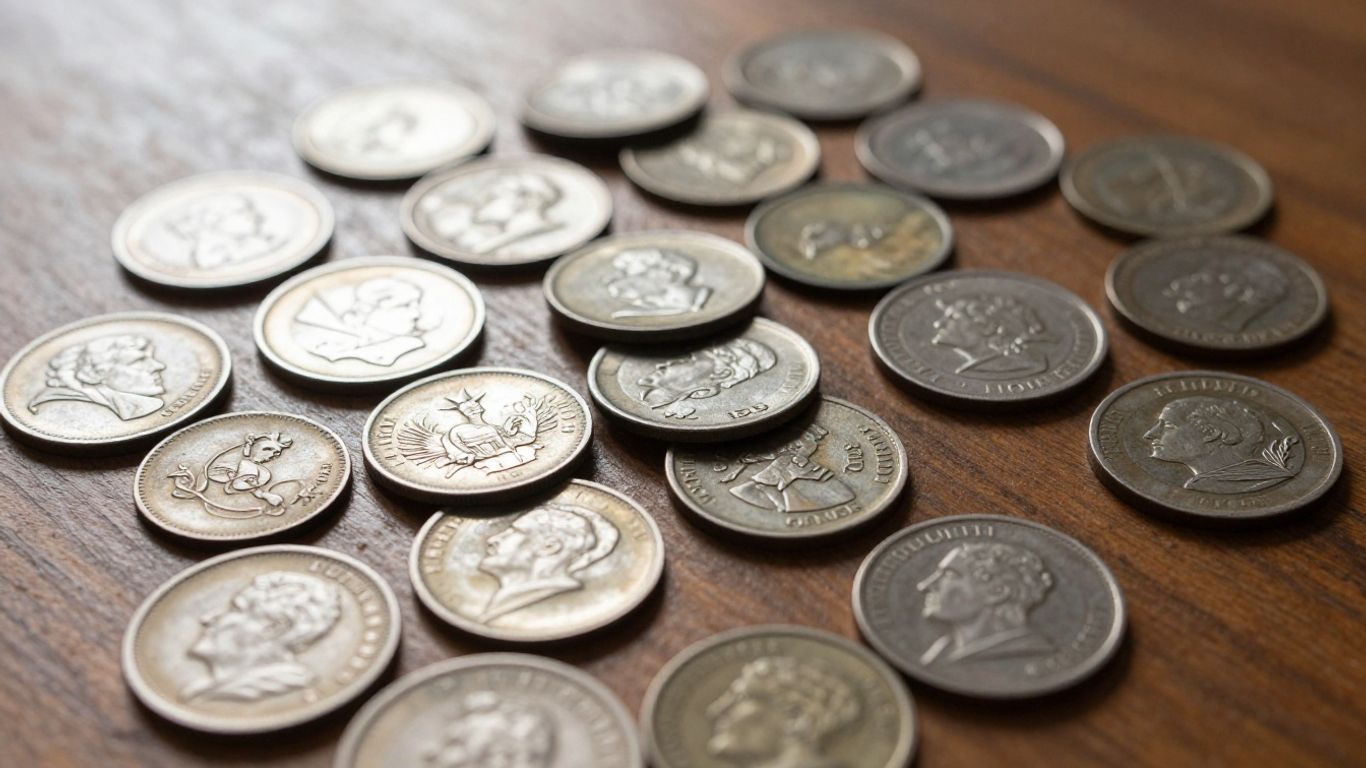 Old coins spread on a wooden surface, ready for appraisal.