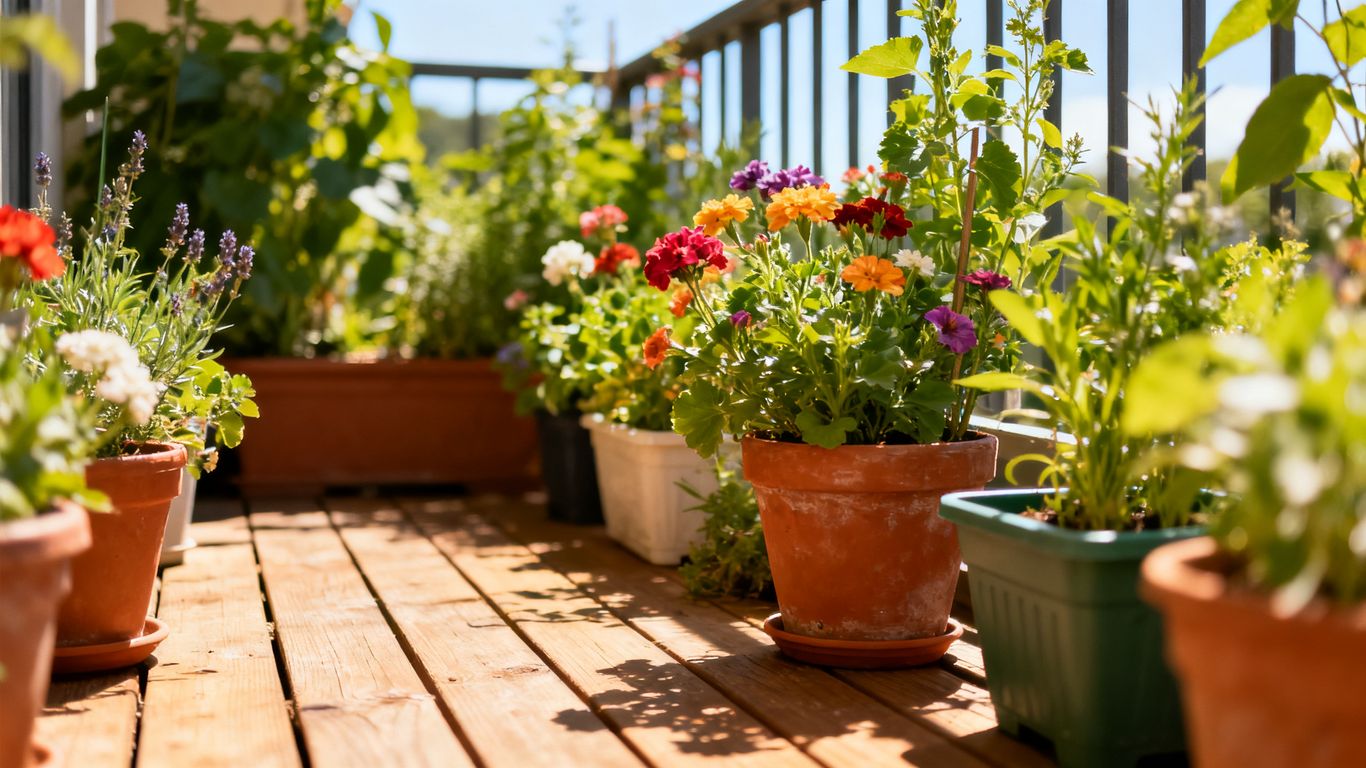 Pflanzen auf einem Balkon im Sommer