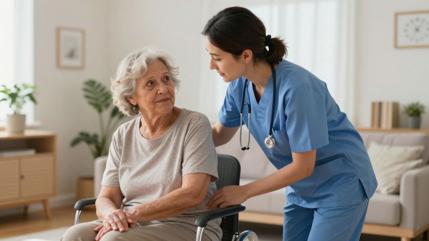 Home health aide caring for a senior patient.