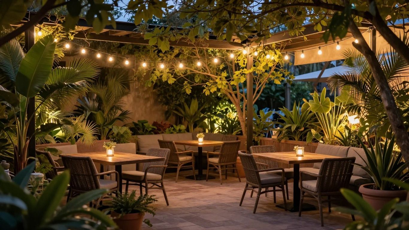 Magical Phoenix patio with string lights and plants at dusk.